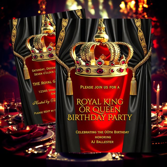 Royal Red Gold King Queen Crown Birthday Party Invitation (Creator Uploaded)