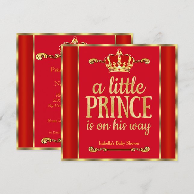 Royal Red Gold Prince is on his way Baby Shower Invitation (Front/Back)