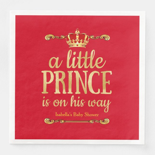 Royal Red Gold Prince On His Way Baby Shower Napkin (Front)