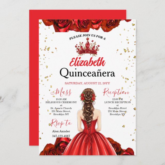Royal Red Rose Butterfly Quinceañera Invite (Front/Back)
