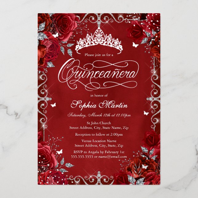 Royal Red Silver Butterfly Rose Quinceanera (Front)