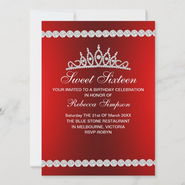 Royal Red Tiara Sweet Sixteen Birthday Invitation (Front)