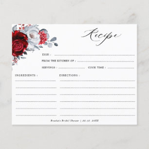 Royal Red White Silver Bridal Shower Recipe card