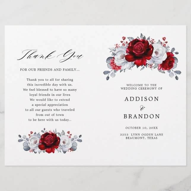 Royal Red White Silver Floral Wedding Program (Front)