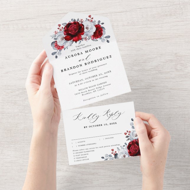 Royal Red White Silver Metallic Floral Wedding All All In One Invitation (Tearaway)