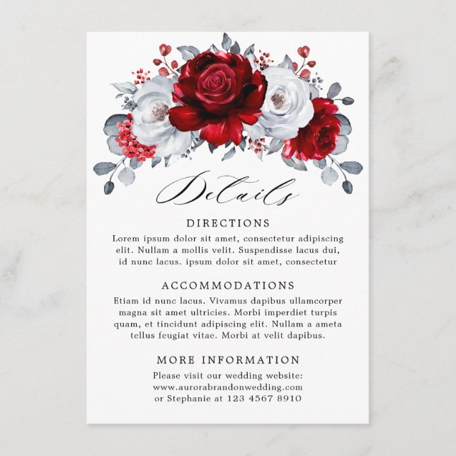 Royal Red White Silver Metallic Floral Wedding Enclosure Card (Front)