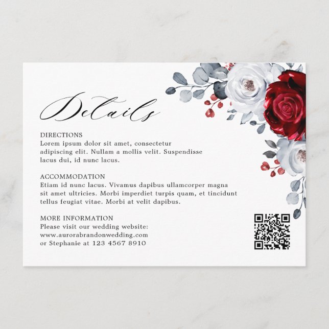 Royal Red White Silver Metallic Floral Wedding  Enclosure Card (Front)