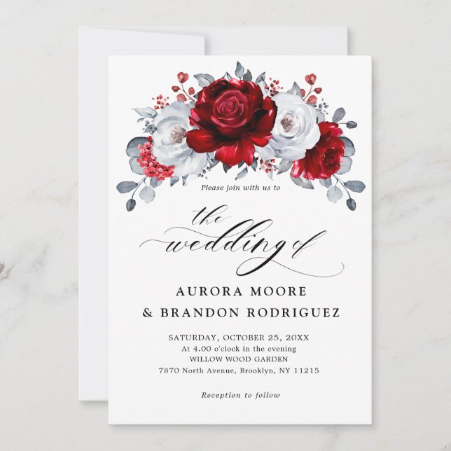 Royal Red White Silver Metallic Floral Wedding Invitation (Front)