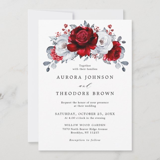 Royal Red White Silver Metallic Floral Wedding Invitation (Front)
