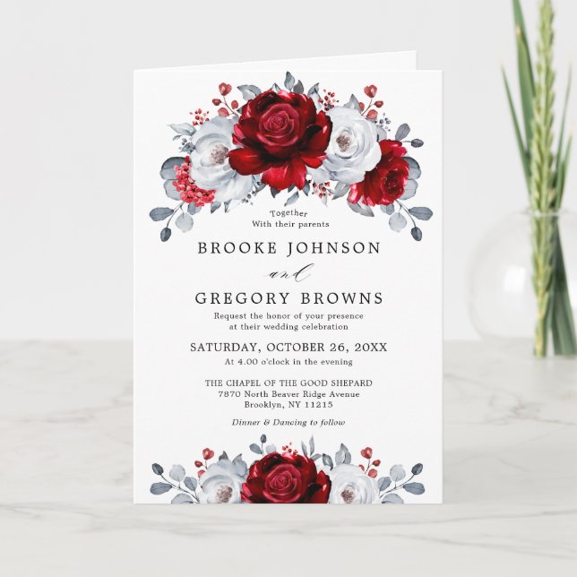 Royal Red White Silver Metallic Floral Wedding Invitation (Front)