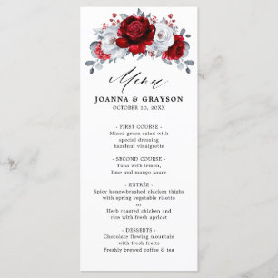 Royal Red White Silver Metallic Floral Wedding Menu