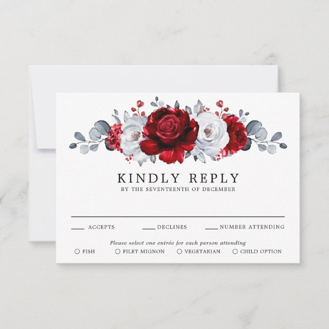 Royal Red White Silver Metallic Floral Wedding RSVP Card (Front)