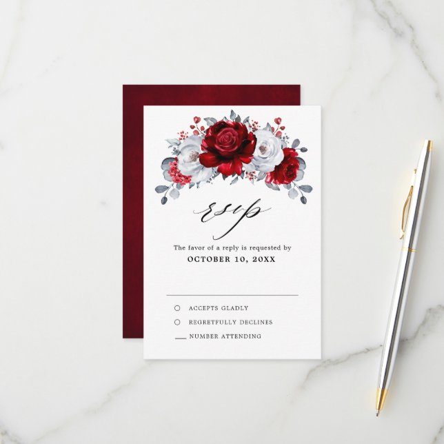 Royal Red White Silver Metallic Floral Wedding RSVP Card (Front/Back In Situ)