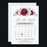 Royal Red White Silver Metallic Floral Wedding Save The Date<br><div class="desc">Elegant royal red white silver theme wedding calendar save the date card  featuring elegant bouquet of royal ruby red,  crimson,  silver,  pure white colour rose flowers buds and  eucalyptus leaves. Please contact me for any help in customisation or if you need any other product with this design.</div>