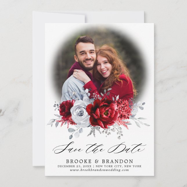 Royal Red White Silver Metallic Floral Wedding Save The Date (Front)