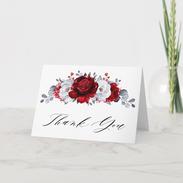Royal Red White Silver Metallic Floral Wedding Thank You Card (Front)