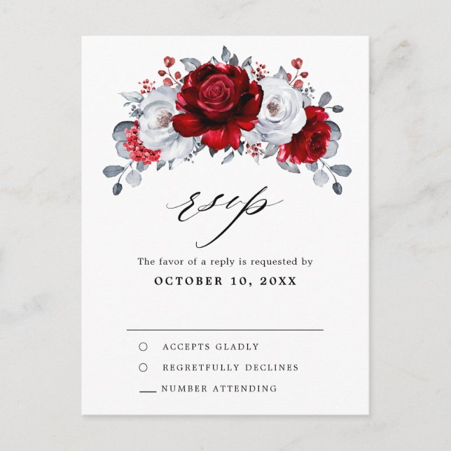 Royal Red White Silver Metallic Wedding RSVP       Postcard (Front)