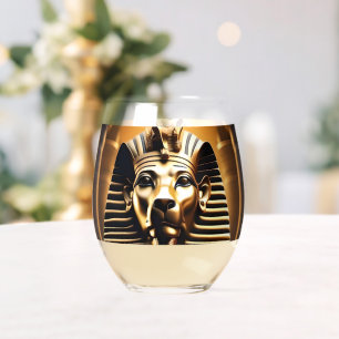 **"Royal Roar: The Golden Pharaoh Lion"** Stemless Wine Glass