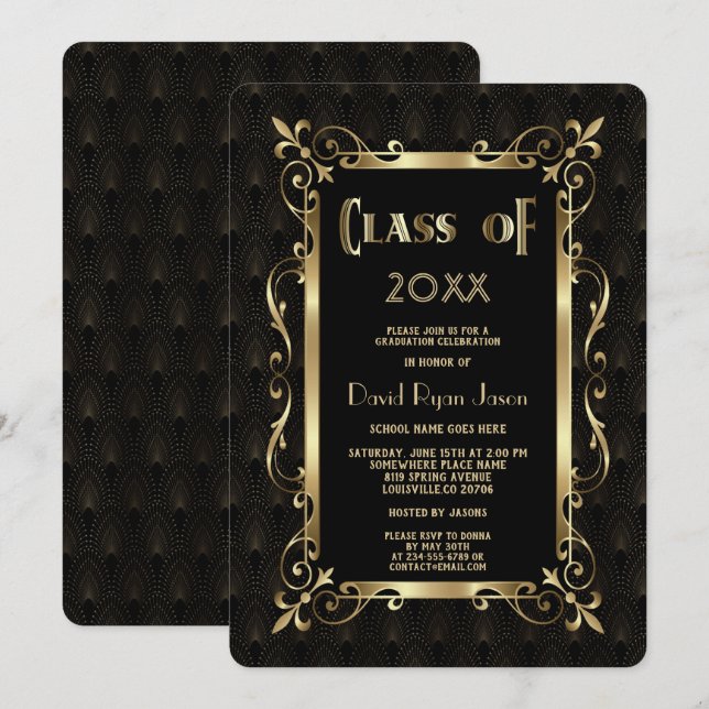 Royal Roaring 20s Gold Art Dec Graduation Party Invitation (Front/Back)