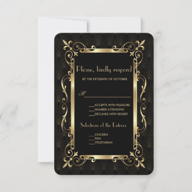 Royal Roaring 20s Gold Art Deco Wedding RSVP Card (Front)