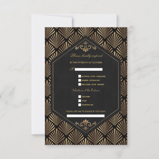Royal Roaring 20's Gold Black Great Gatsby Wedding RSVP Card (Front)