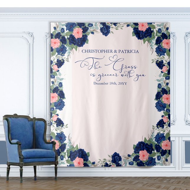 Royal Rose Blue Coral Floral Border Wedding Tapestry (Creator Uploaded)