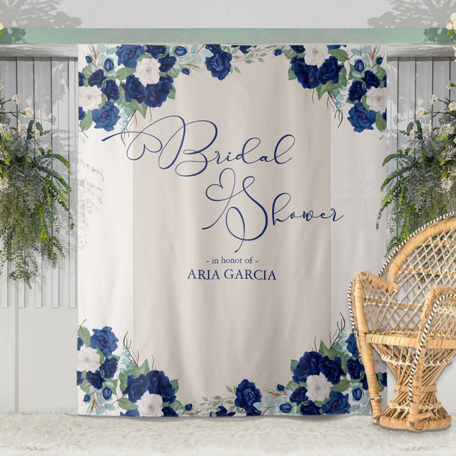 Royal Rose Blue Floral Bridal Shower Backdrop Tapestry (Creator Uploaded)
