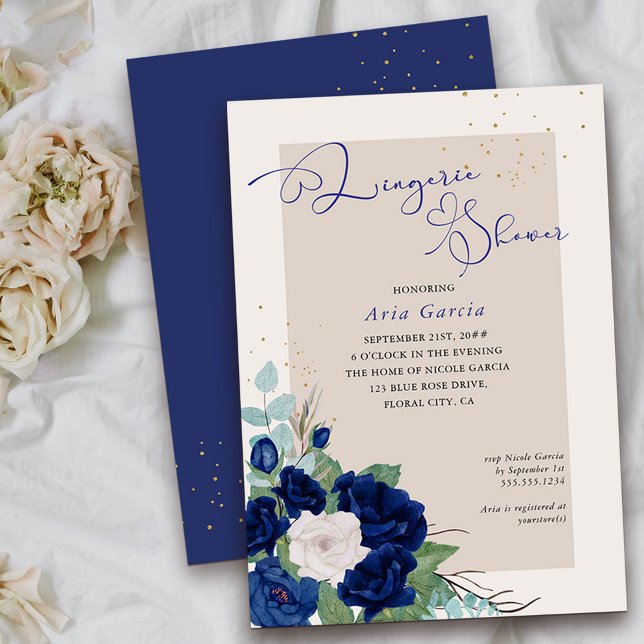 Royal Rose Blue Ivory Floral Lingerie Shower Invitation (Floral Lingerie Shower invitation from my Royal Roses collection
)