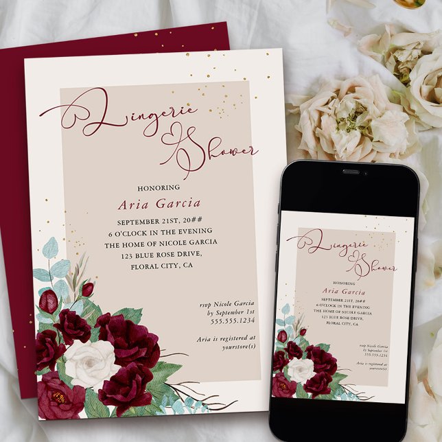 Royal Rose Burgundy Ivory Floral Lingerie Shower Invitation (Available to order professionally printed or as a printable download)