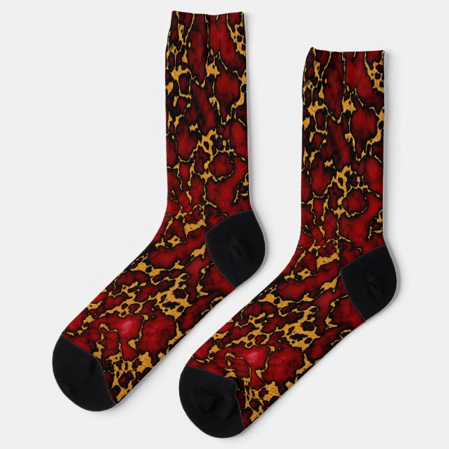 Royal Ruby Red and Gold Marble Texture Design Socks (Left)