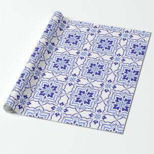 Royal Sapphire Elegant Blue Floral Mosaic Wrapping Paper