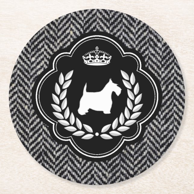 Royal Scottie Herringbone Round Paper Coaster (Front)
