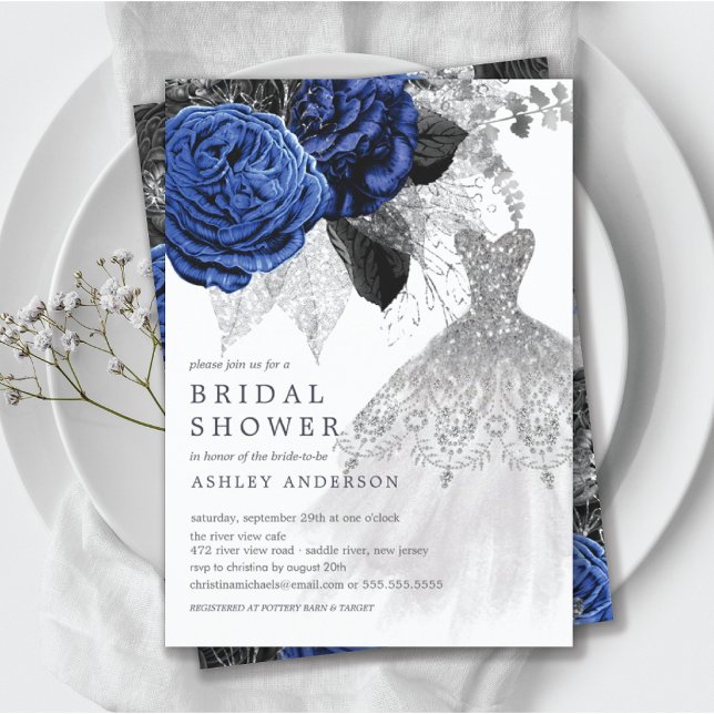 Royal Silver Floral Wedding Dress Bridal Shower Invitation (Creator Uploaded)