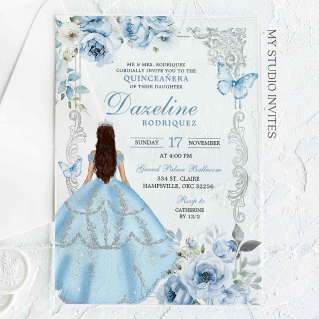 Royal Silver Light Blue Princess Quinceañera Acrylic Invitations (Creator Uploaded)