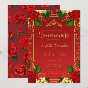 Royal Spanish Red & Gold Roses Quinceañera Invitation