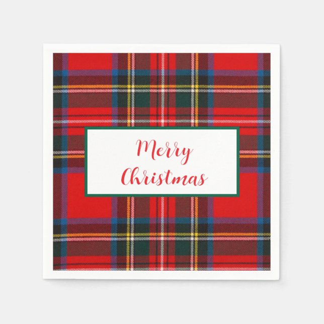 Royal Stewart Christmas MERRY XMAS Red Plaid  Napkin (Front)