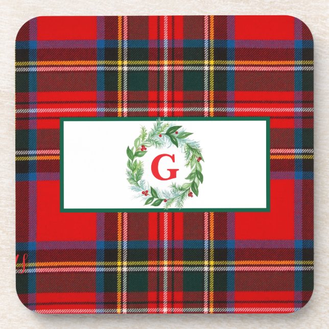 Royal Stewart Christmas MONOGRAM Plaid Wreath  Coaster (Front)