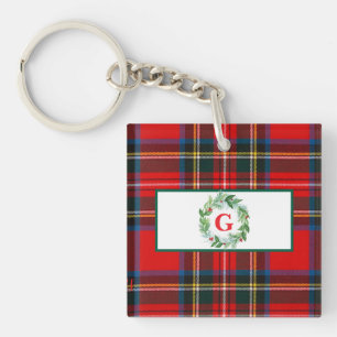 Royal Stewart Christmas MONOGRAM Plaid Wreath  Key Ring