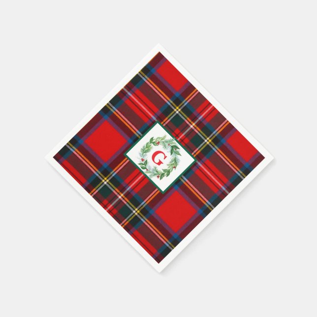 Royal Stewart Christmas MONOGRAM Plaid Wreath  Napkin (Corner)