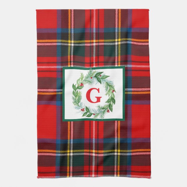 Royal Stewart Christmas MONOGRAM Plaid Wreath  Tea Towel (Vertical)