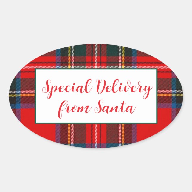 Royal Stewart Christmas Plaid Santa PERSONALIZE  Oval Sticker (Front)