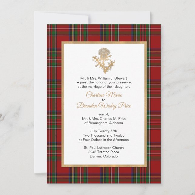 Royal Stewart Plaid Thistle Wedding Invitation (Front)