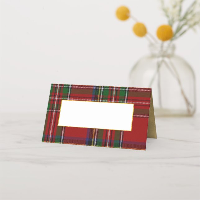 Royal Stewart Plaid Wedding Folded Place Card (Front)