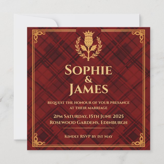 Royal Stewart Red Tartan & Gold Invitation (Front)