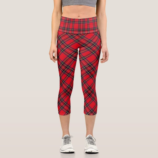 Royal Stewart tartan red black plaid Capri Leggings (Front)