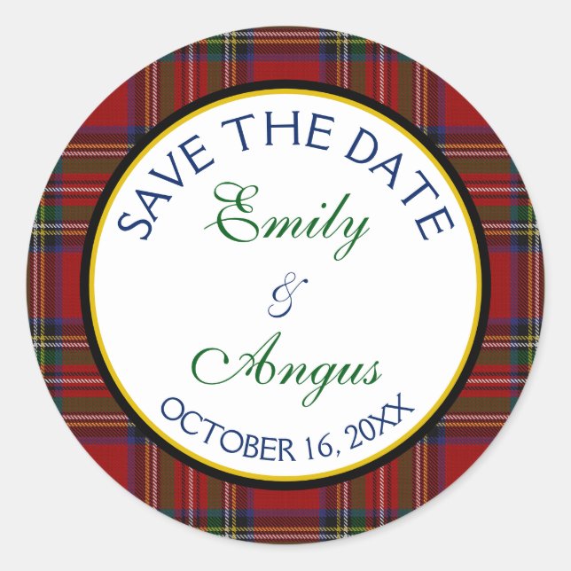 Royal Stewart Tartan Wedding Save a Date Sticker (Front)