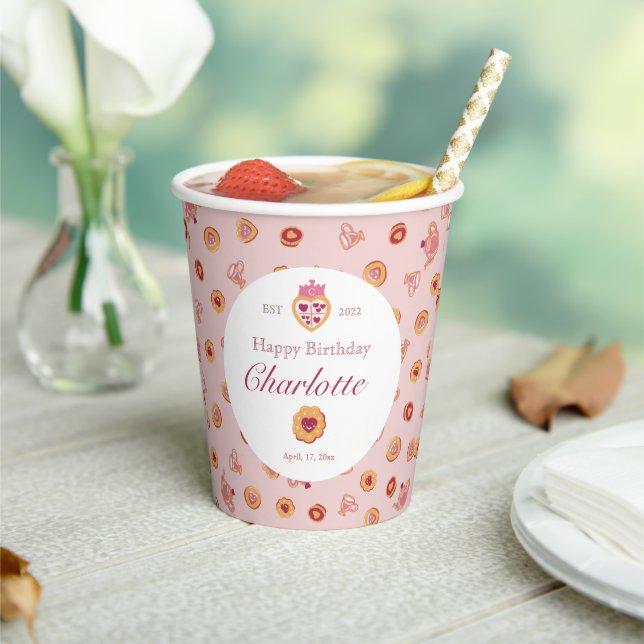 Royal Tea Party Pattern Pink Birthday Paper Cups (Insitu)