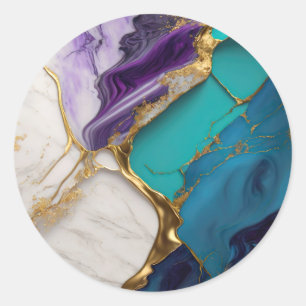 Royal Teal & Amethyst Marble with Gold Veins Classic Round Sticker