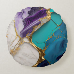 Royal Teal & Amethyst Marble with Gold Veins Round Cushion