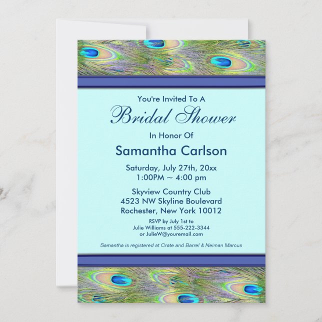 Royal Teal Blue Peacock Bridal Shower Invitation (Front)